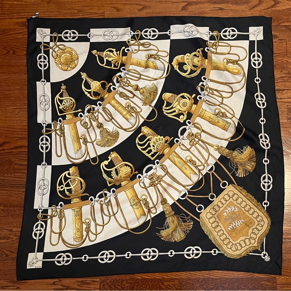 Hermes Vintage Cliquetis Black and White Silk Scarf